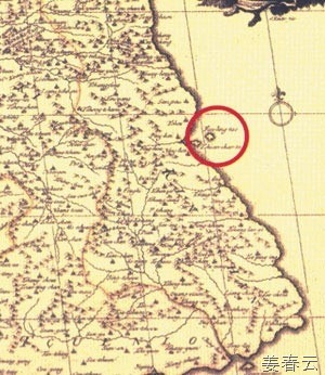 1737년 프랑스 지리학자 당빌이 그린 조선왕국전도 - 울릉도와 독도가 동해안에 바짝 붙어 있다.
