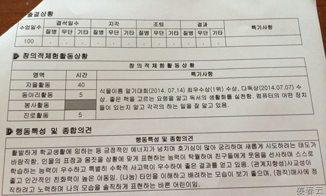 강준휘 어린이의 2014년 7월 여름방학 생활통지표