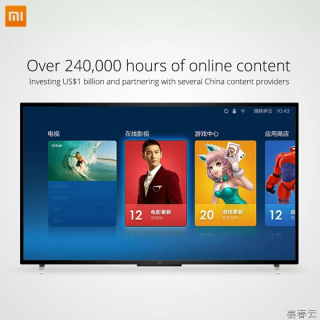 최근 출시된 샤오미(Xiaomi)의 저가형 TV 모델 - Mi TV - 24만시간 분량의 온라인 콘텐츠와 앱스토어, 실시간 방송연계 서비스가 탑재된 중저가 모델로 승부