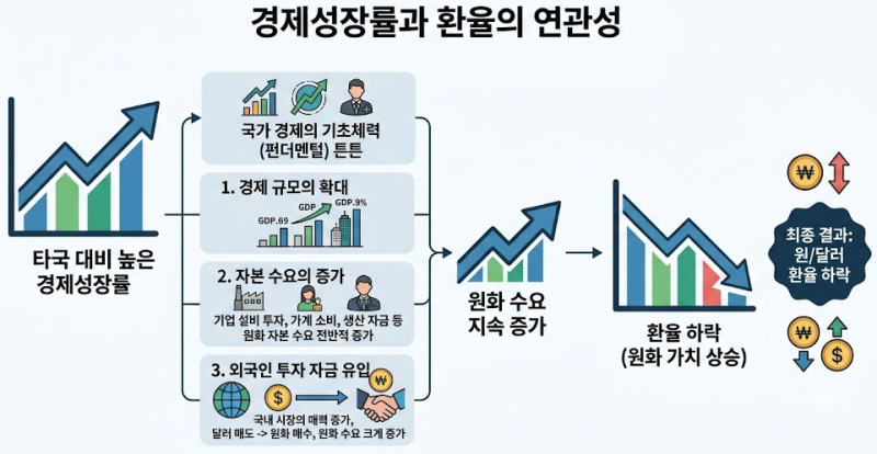 우리나라의 경제성장률이 다른 나라보다 높으면 환율은 하락한다.